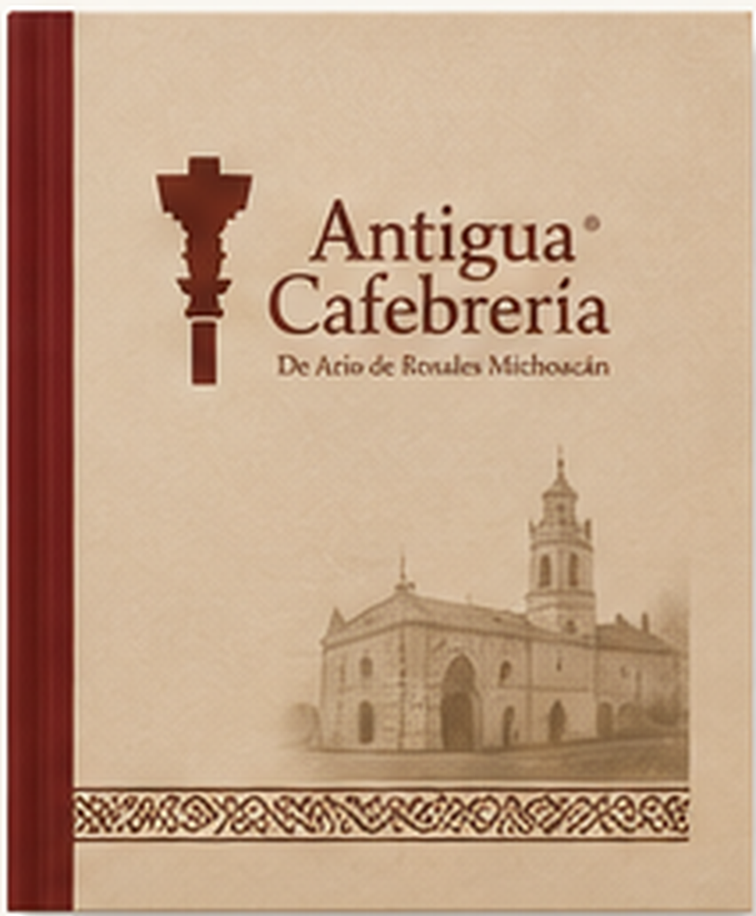 Aplicación de marca Antigua Cafebrería con libreta de menú, café y estilo cultural